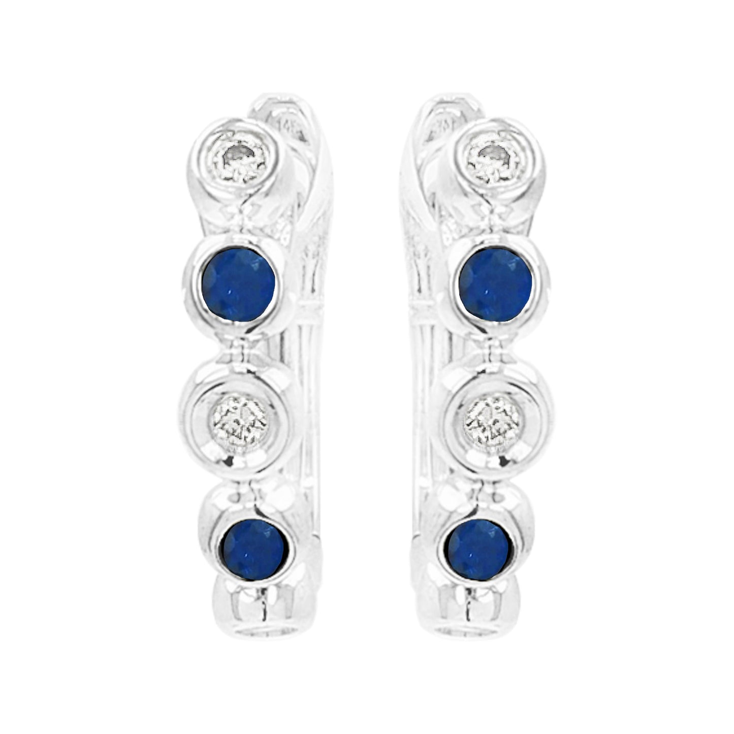 14K White Gold Light Brown Diamond & Blue Sapphire Bezel Hoop Earrings
