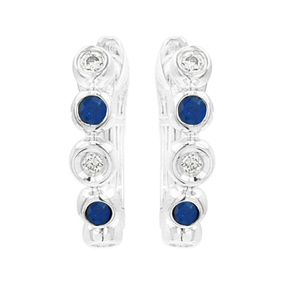 14K White Gold Light Brown Diamond & Blue Sapphire Bezel Hoop Earrings