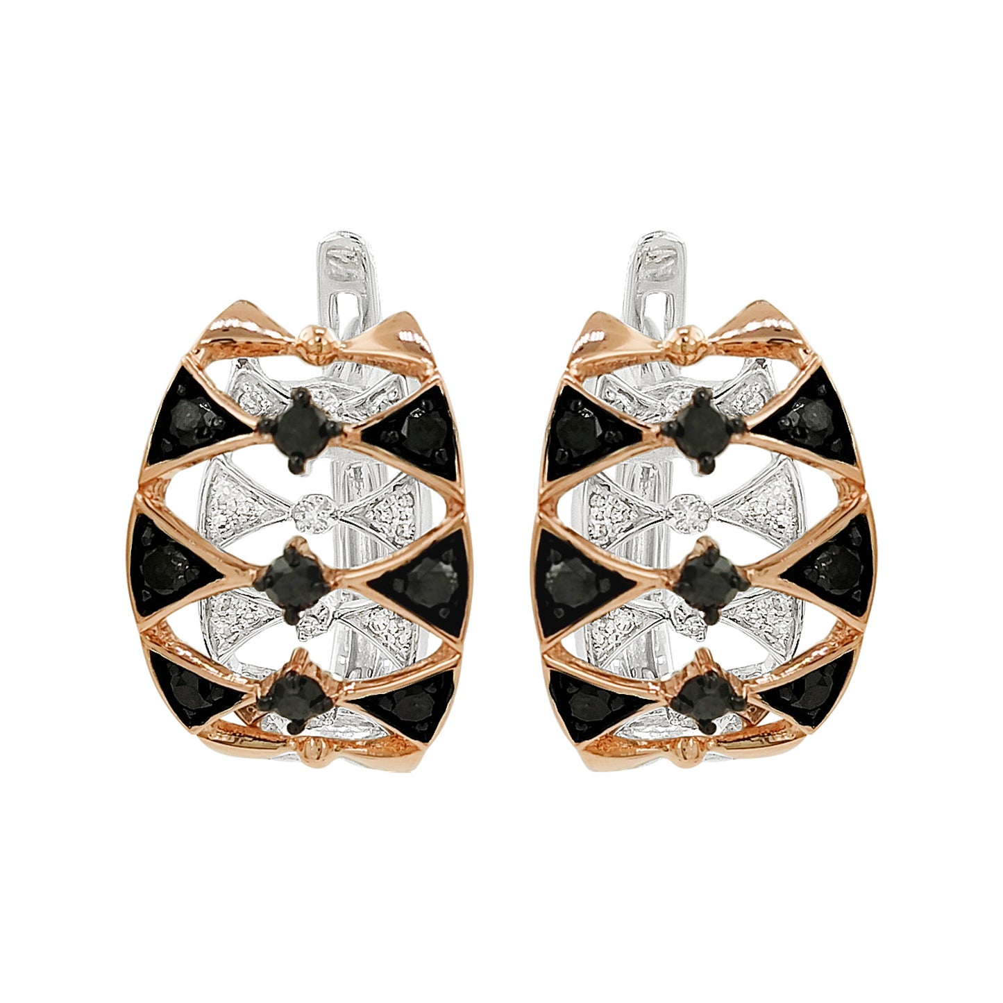 Black & Light Brown Diamond Earrings | 14K Dual Tone Gold Art Deco Jewelry