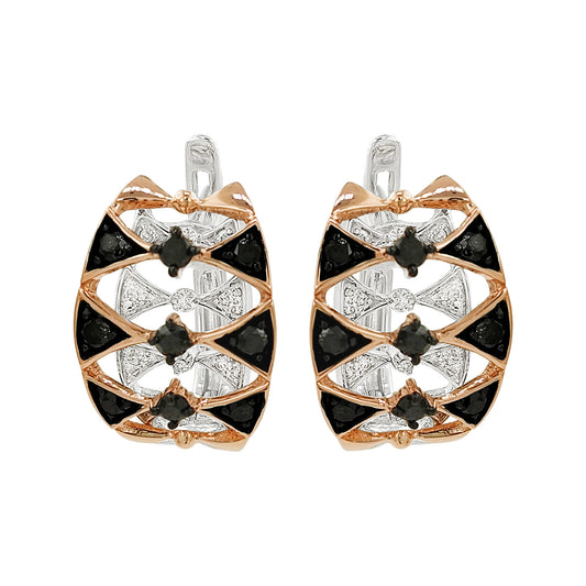Black & Light Brown Diamond Earrings | 14K Dual Tone Gold Art Deco Jewelry
