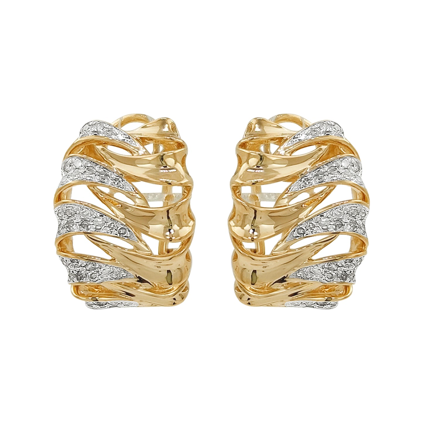 14K Gold Light Brown Diamond Wave Hoop Earrings, Riffle Design Huggies