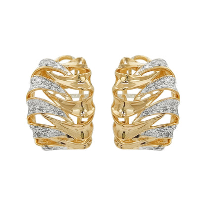 14K Gold Light Brown Diamond Wave Hoop Earrings, Riffle Design Huggies