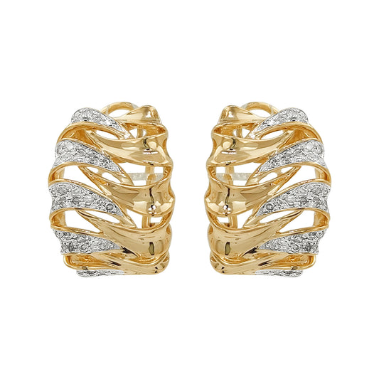 14K Gold Light Brown Diamond Wave Hoop Earrings, Riffle Design Huggies