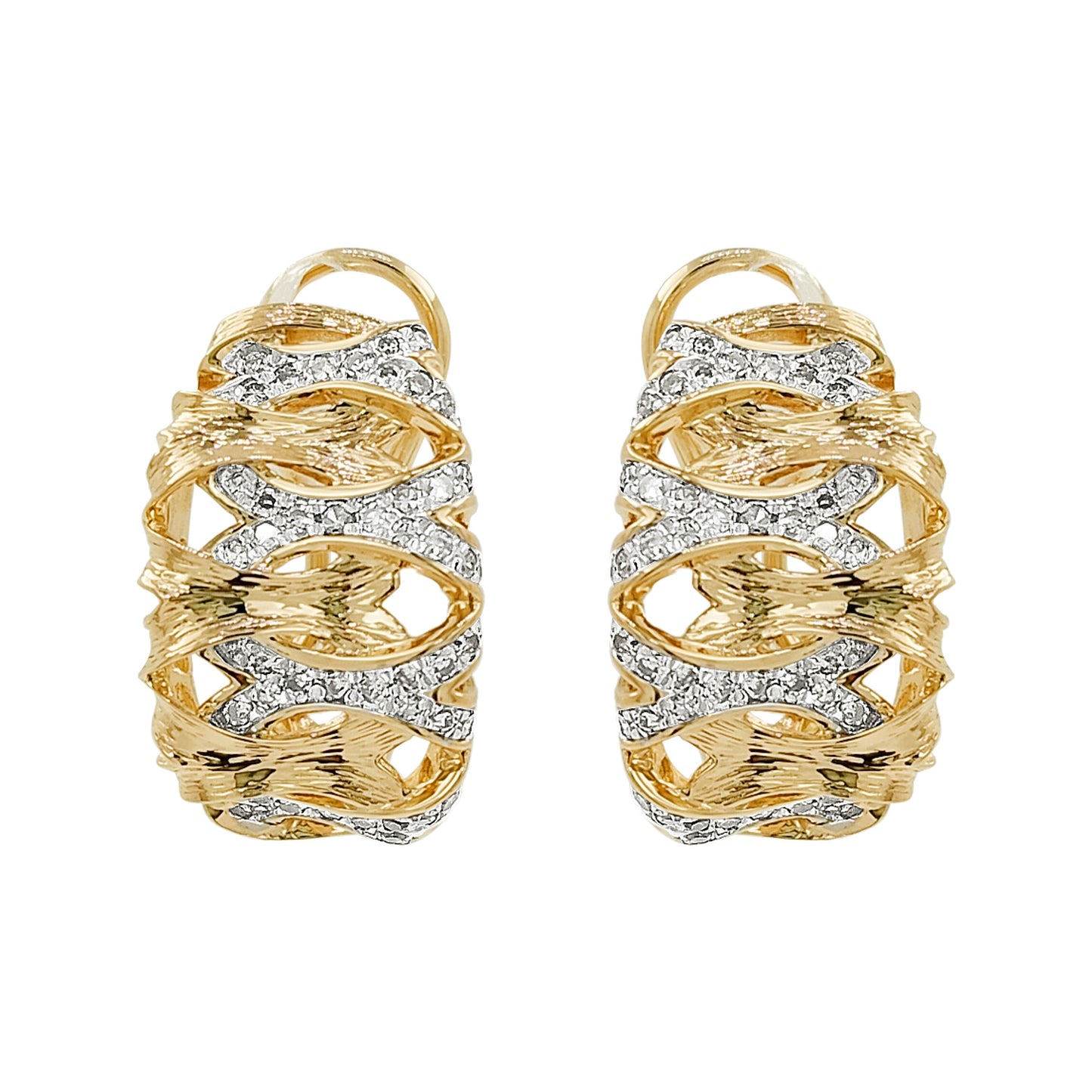 Two-Tone 14K Gold Light Brown Diamond Huggie Hoop Earrings, Crisscross Statement Jewelry