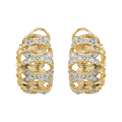 Two-Tone 14K Gold Light Brown Diamond Huggie Hoop Earrings, Crisscross Statement Jewelry