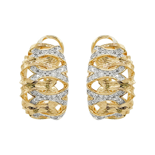 Two-Tone 14K Gold Light Brown Diamond Huggie Hoop Earrings, Crisscross Statement Jewelry