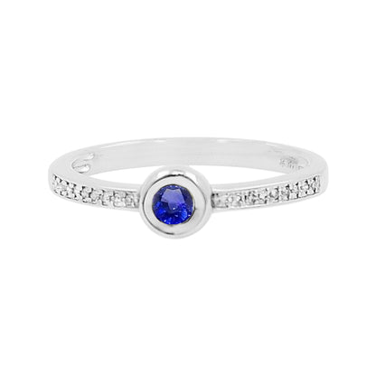 14K White Gold Bezel Blue Sapphire Light Brown Diamond Ring | Stacking Band