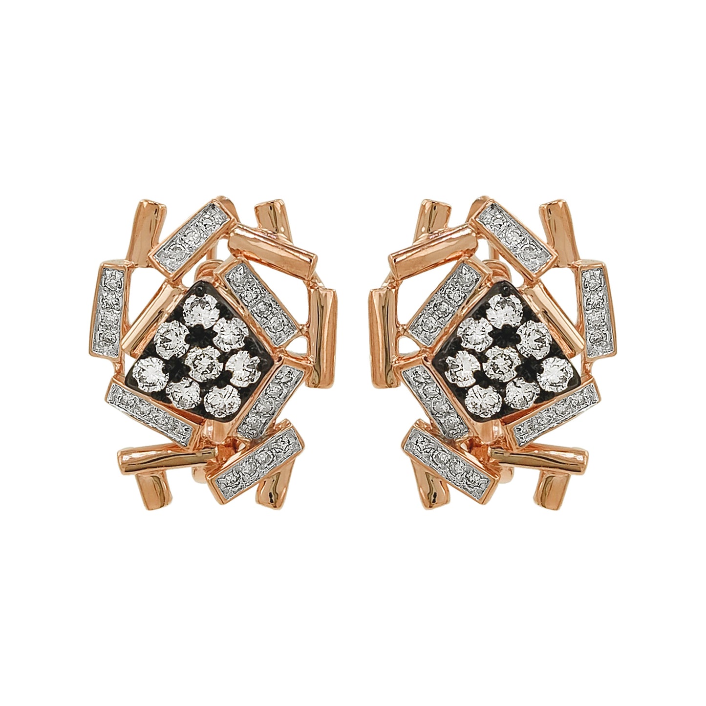 Geometric Light Brown Diamond Earrings, Black Enamel 14K Rose Gold Studs, Art Deco Jewelry