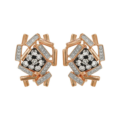 Geometric Light Brown Diamond Earrings, Black Enamel 14K Rose Gold Studs, Art Deco Jewelry