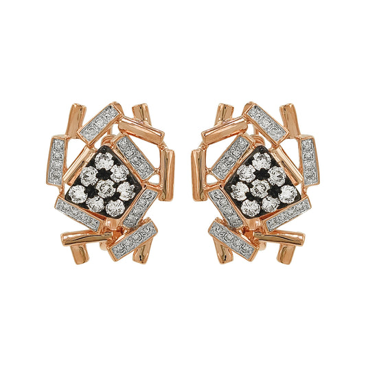 Geometric Light Brown Diamond Earrings, Black Enamel 14K Rose Gold Studs, Art Deco Jewelry