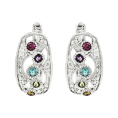 14K White Gold Multi Gemstone Leverback Earrings, Diamond Filigree