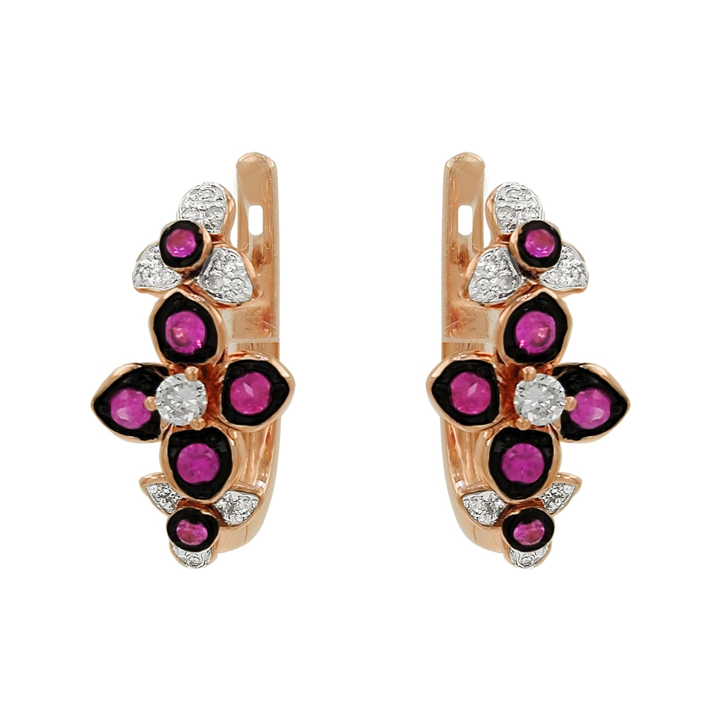14K Rose Gold Light Brown Diamond Ruby Pink Sapphire Floral Earrings, Black Plating