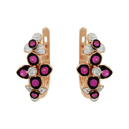 14K Rose Gold Light Brown Diamond Ruby Pink Sapphire Floral Earrings, Black Plating