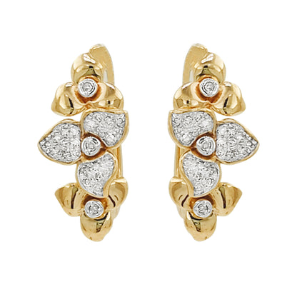 14K Gold Light Brown Diamond Floral Earrings, Botanical Stud Hoops