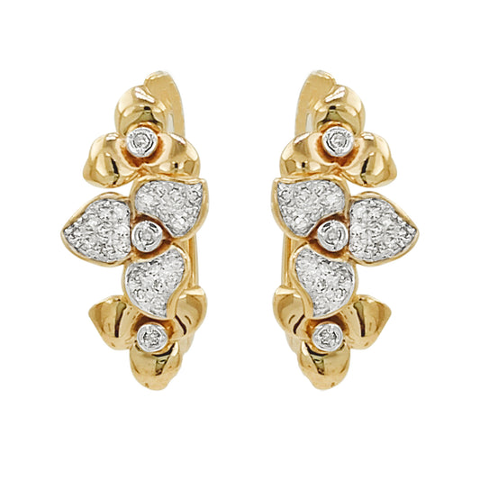 14K Gold Light Brown Diamond Floral Earrings, Botanical Stud Hoops