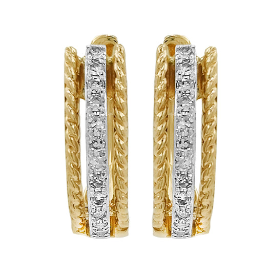 14K Two-Tone Gold Light Brown Diamond Huggie Earrings | Rope Hoop