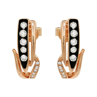 14K Rose Gold Light Brown Diamond Hoop Earrings, Black Inlay, Modern Fine Jewelry