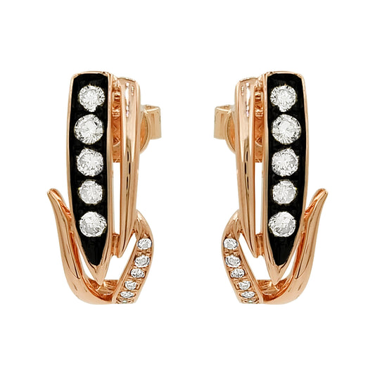 14K Rose Gold Light Brown Diamond Hoop Earrings, Black Inlay, Modern Fine Jewelry