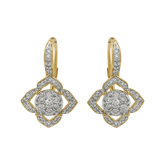 14K Yellow Gold Light Brown Diamond Quatrefoil Earrings | Vintage Dangle Halo