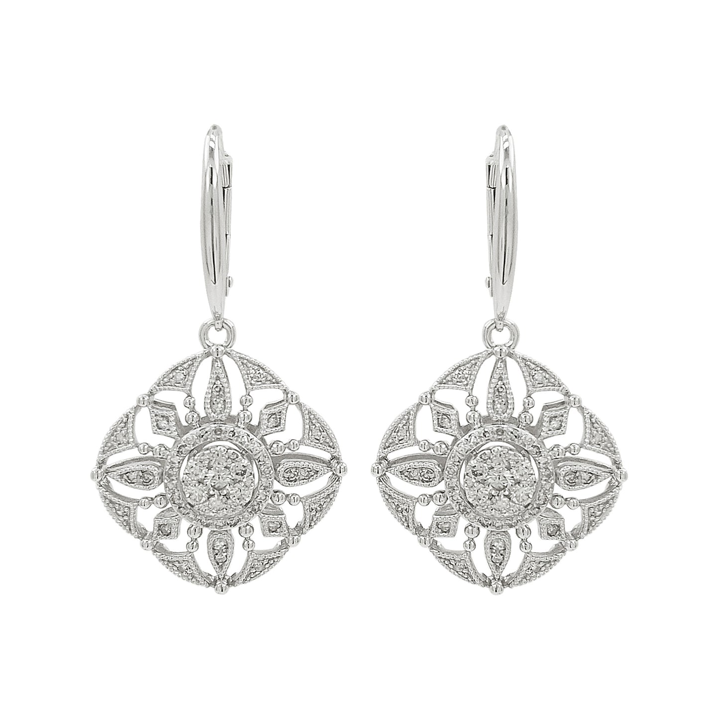 14K White Gold Light Brown Diamond Filigree Drop Earrings | Art Deco Bridal Jewelry