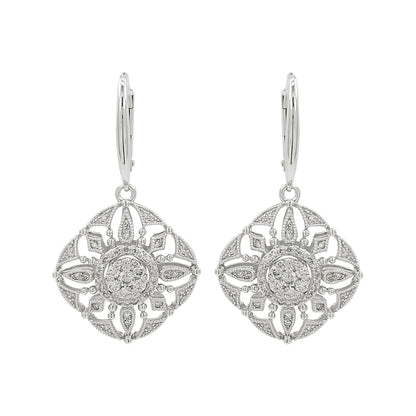 14K White Gold Light Brown Diamond Filigree Drop Earrings | Art Deco Bridal Jewelry
