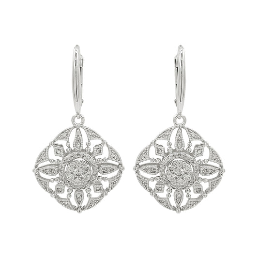 14K White Gold Light Brown Diamond Filigree Drop Earrings | Art Deco Bridal Jewelry