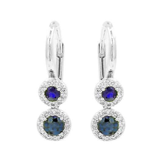 14K White Gold Blue Sapphire Light Brown Diamond Halo Drop Earrings