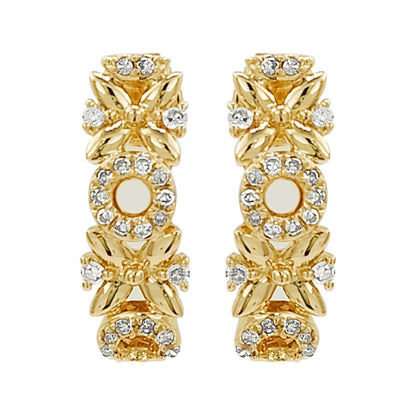 14K Gold Floral Diamond Accent Earrings, Botanical Hoops