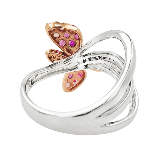 14K Two-Tone Gold Butterfly Ring, Pink Sapphire Ruby Light Brown Diamond Jewelry