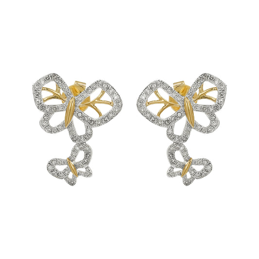 14K Gold Light Brown Diamond Butterfly Drop Earrings | Two-Tone Pave Dangle