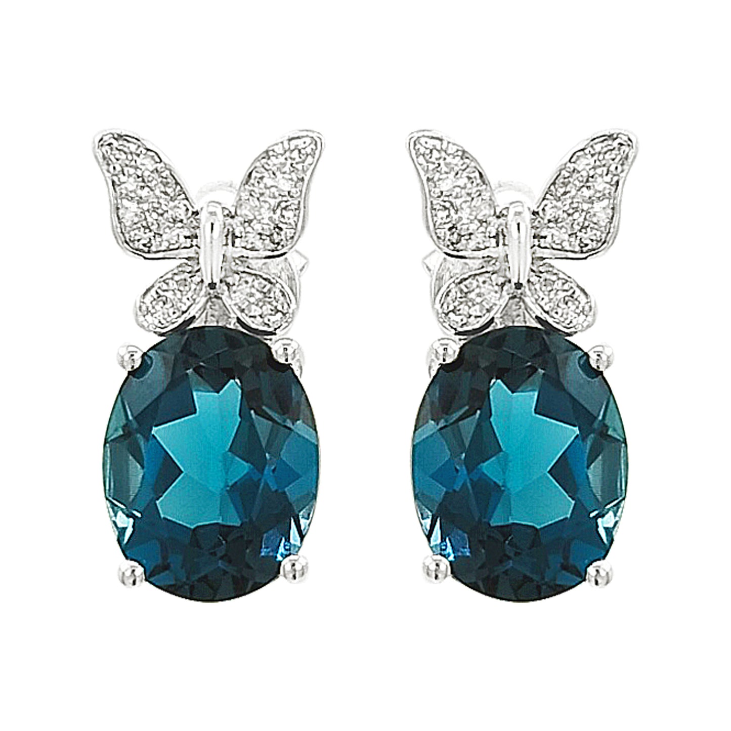 14K White Gold London Blue Topaz & Light Brown Diamond Butterfly Earrings