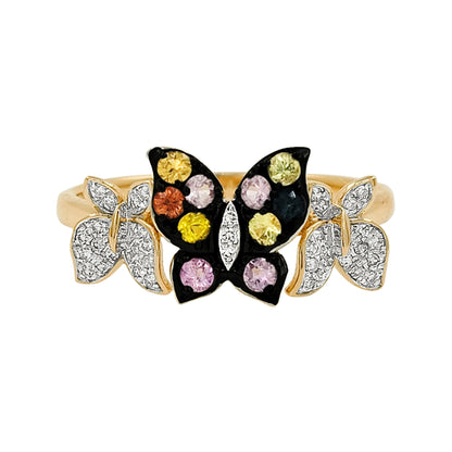 14K Gold Multicolor Sapphire Butterfly Ring, Light Brown Diamond Accent, Black Plating