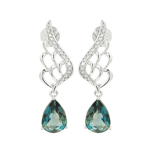 14K White Gold Blue Topaz Light Brown Diamond Angel Wing Earrings