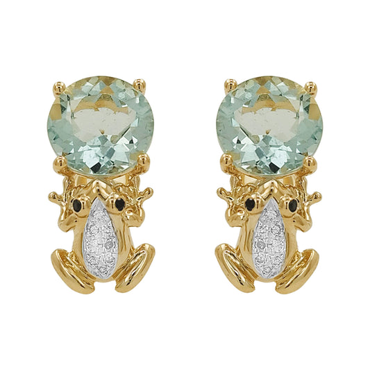 14K Gold Frog Drop Earrings, Aquamarine & Light Brown Diamond Animal Jewelry