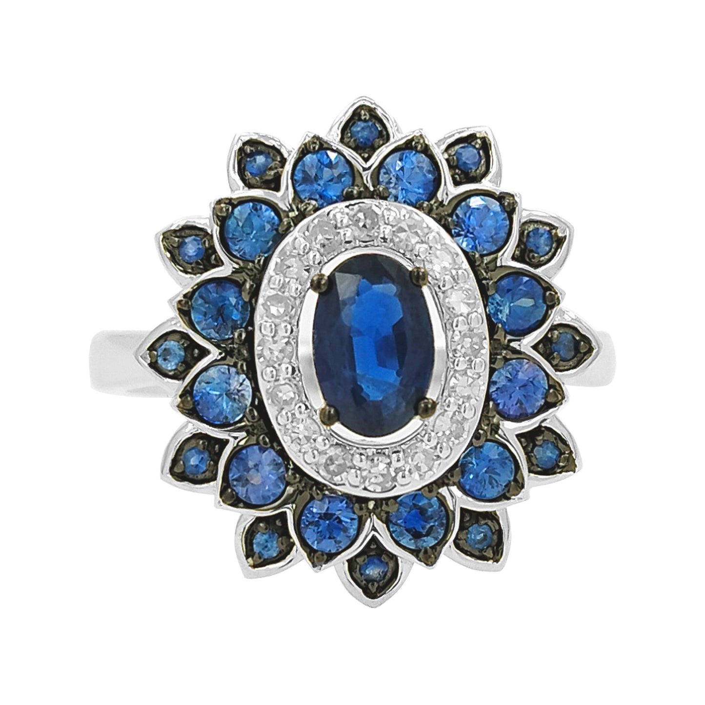 14K Gold Blue Sapphire Flower Ring, Light Brown Diamond Halo, September Birthstone