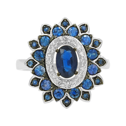 14K Gold Blue Sapphire Flower Ring, Light Brown Diamond Halo, September Birthstone