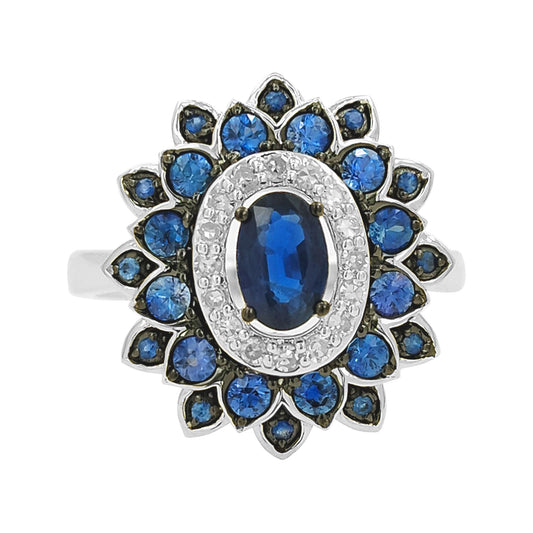 14K Gold Blue Sapphire Flower Ring, Light Brown Diamond Halo, September Birthstone