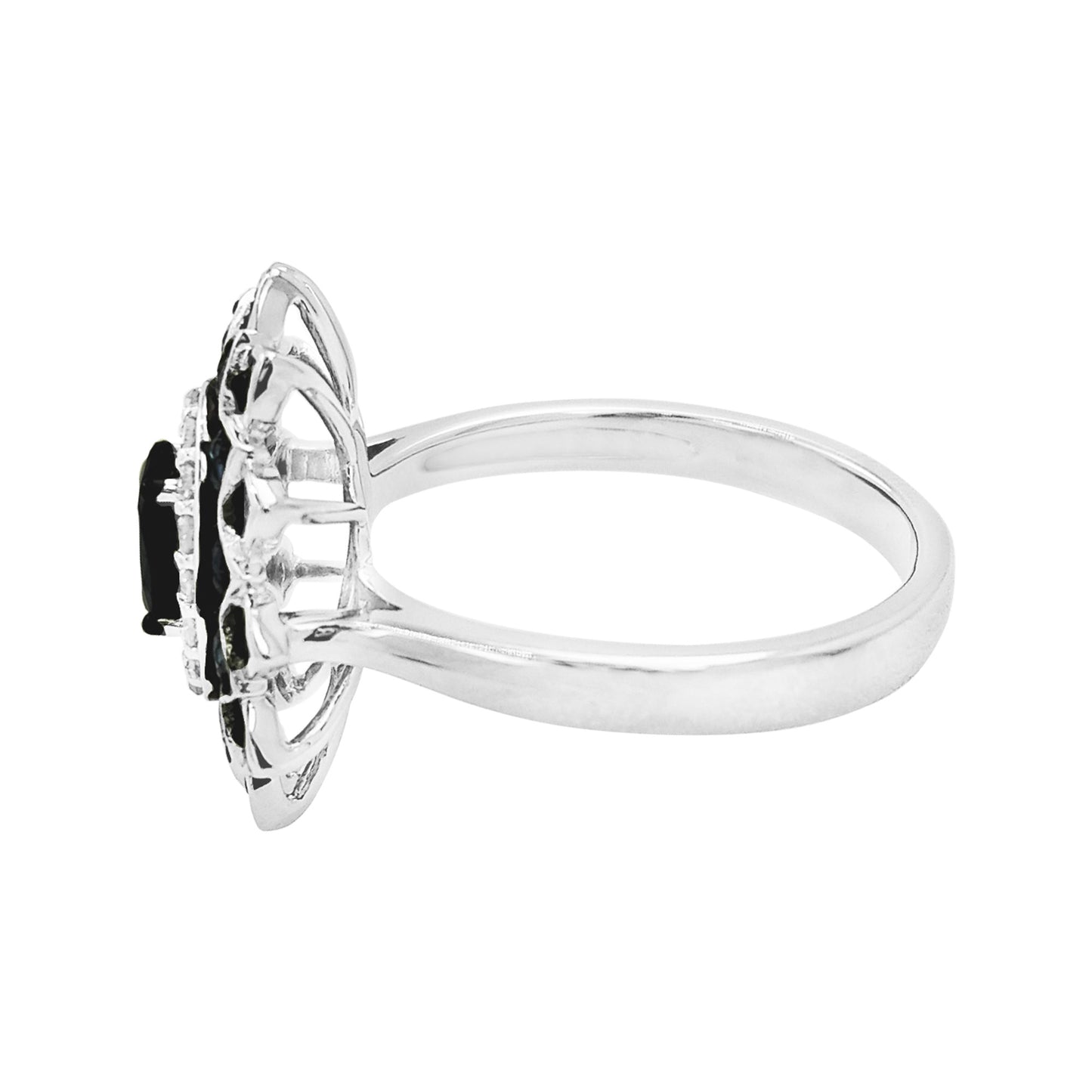 14K Gold Blue Sapphire Flower Ring, Light Brown Diamond Halo, September Birthstone