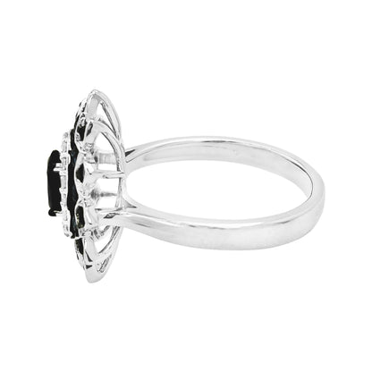 14K Gold Blue Sapphire Flower Ring, Light Brown Diamond Halo, September Birthstone