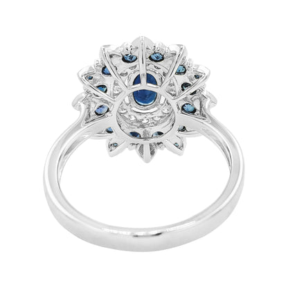 14K Gold Blue Sapphire Flower Ring, Light Brown Diamond Halo, September Birthstone