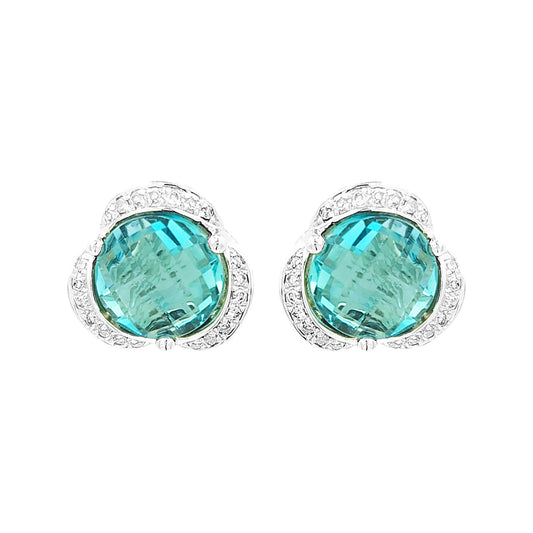 14K White Gold London Blue Topaz & Light Brown Diamond Halo Stud Earrings | Birthstone Jewelry