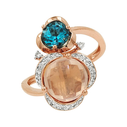 14K Rose Gold Blue Topaz Rose Quartz Diamond Ring, Toi Et Moi
