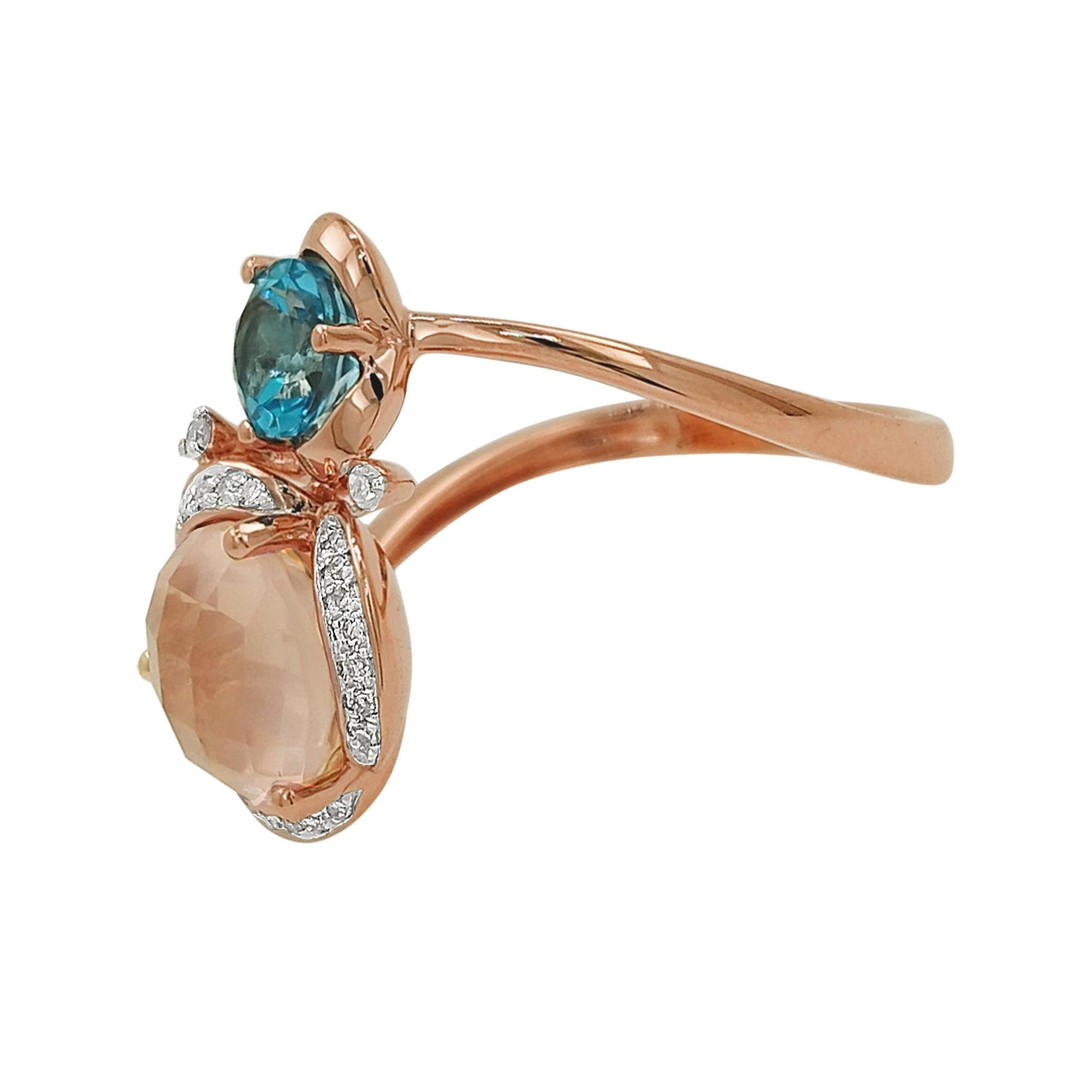 14K Rose Gold Blue Topaz Rose Quartz Diamond Ring, Toi Et Moi