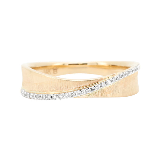 14K Yellow Gold Diamond Wave Ring, Satin Finish Wedding Band