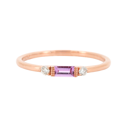 14K Gold Baguette Pink Sapphire Diamond Ring, Minimalist Wedding Band