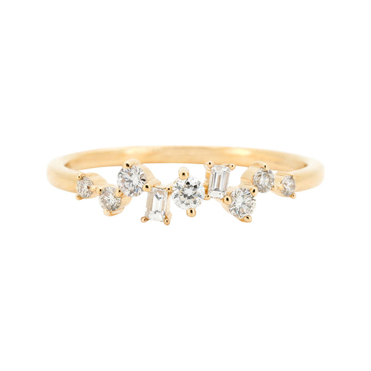 14K Yellow Gold Diamond Cluster Ring, Baguette & Round Cut Band