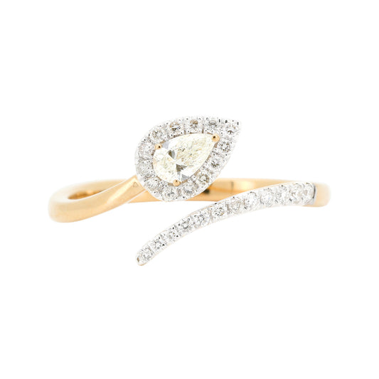 14K Yellow Gold Pear Diamond Halo Ring, Bypass Band, Anniversary Gift