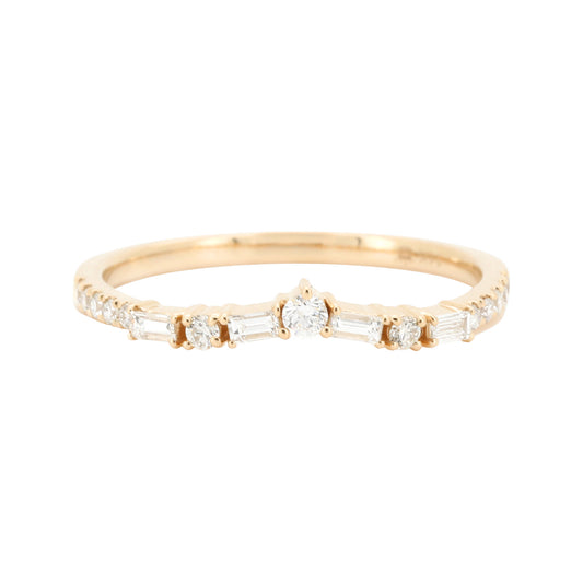 14K Yellow Gold Diamond Wedding Band, Baguette Round Cut Chevron Nesting Ring