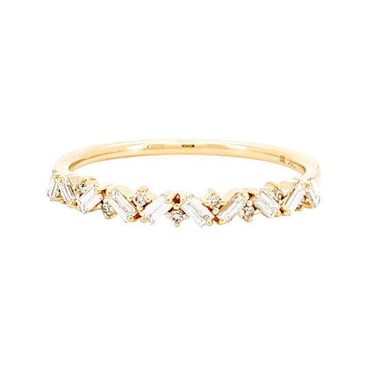 14K Gold Baguette & Round Cut Diamond Ring, Mosaic Cluster Band