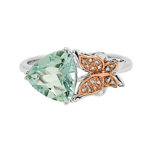 14K Gold Aquamarine Butterfly Ring | Trillion Cut | Light Brown Diamond Accent
